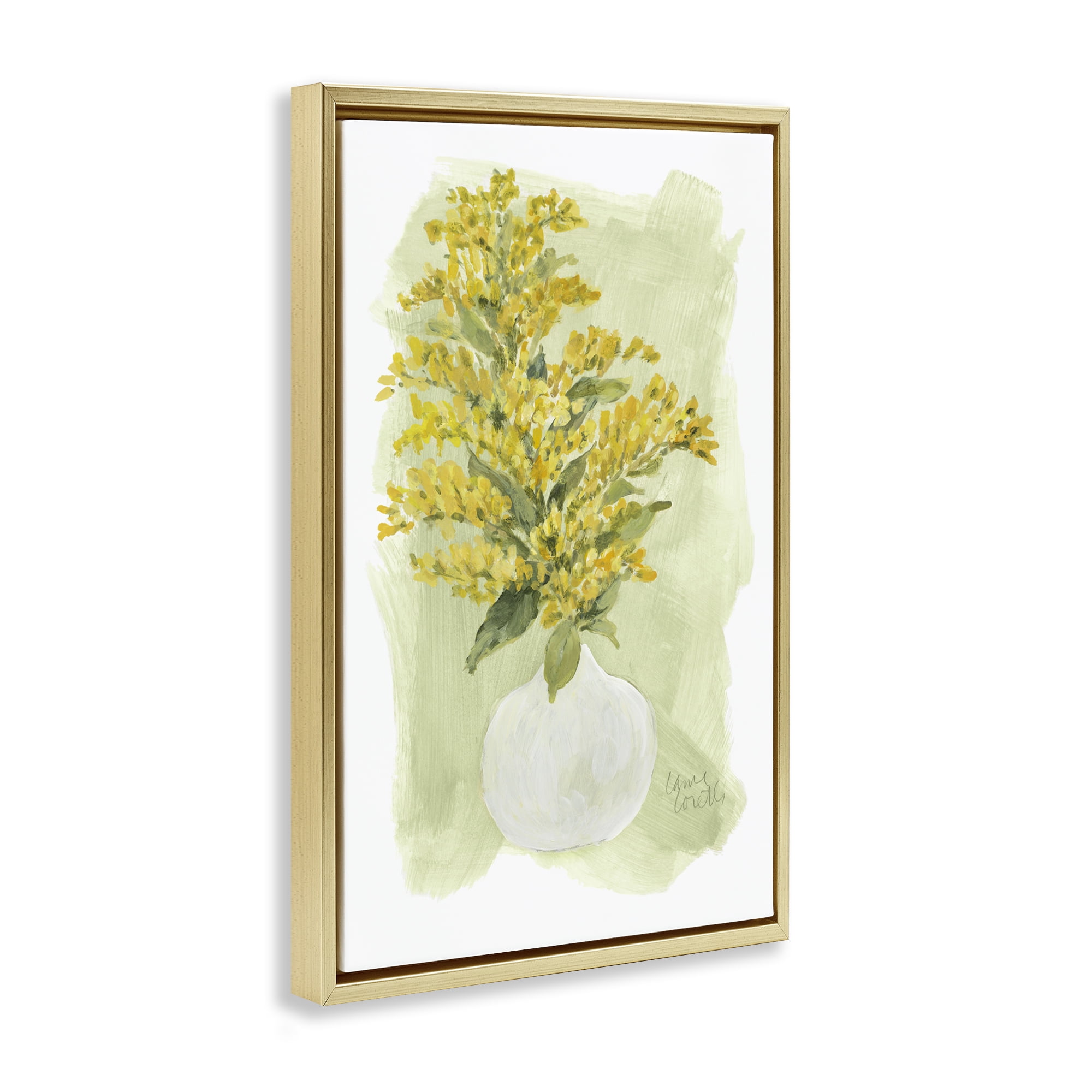Stupell Industries Goldenrods Bloom White Vase Floral & Botanical Painting Gold Floater Framed Canvas Art Print Wall Art, 21 x 31