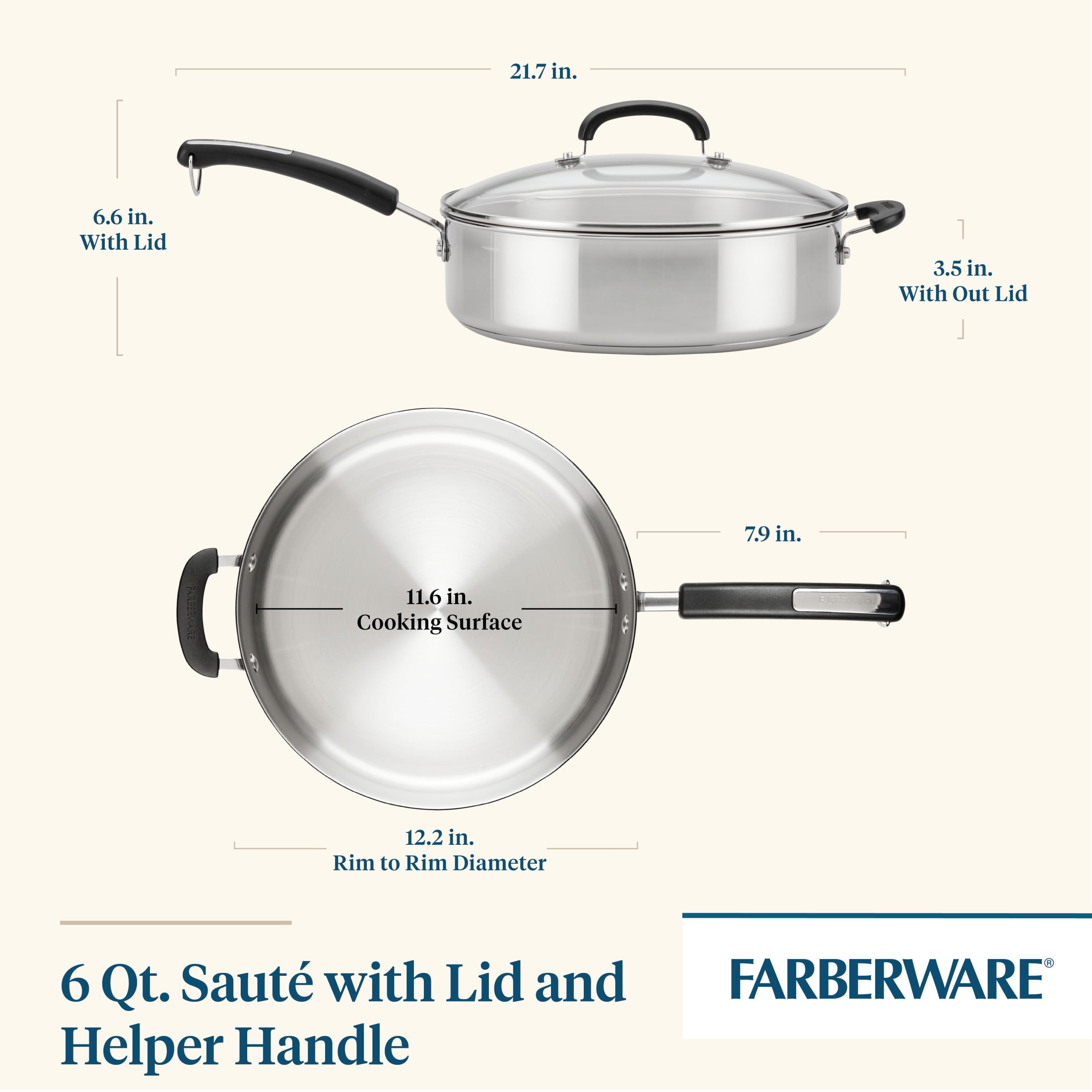 Farberware Brilliance 6 Quart Saute Pan with Lid and Helper Handle, Induction Compatible, Metal Utensil and Dishwasher Safe, Stainless Steel