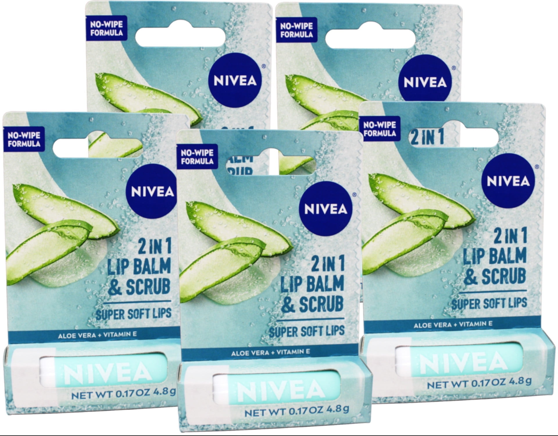 5 Pack - Nivea 2in1 Lip Balm & Scrub Super Soft Lips, Aloe Vera + Vitamin E, 0.17 oz (4.8 g)