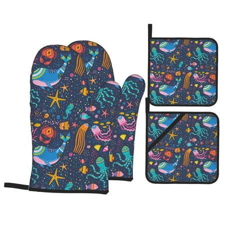 

Oven Mitts and Pot Holders 4 pcs Set Marine Inhabitants Heat Resistant Pot Holders Oven Mitts for kitchen Non-Slip Hanging Loop Oven Glove Potholders for Baking Cooking