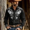 thumbnail image 2 of SXCXLSA Men Western Shirts Cowboy Embroidered Long Sleeve Button Collar Shirt Regular Fit Business Work Office Blouse With Floral Design Black L, 2 of 4