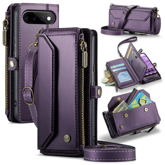 For Google Pixel 11 Case Crossbody Wallet PU Leather Magnetic Flip Folio Wristlet Shoulder Strap 3-in-1 Crossbody Phone Case with Card Slots Zipper Pocket for Women Men,Purple