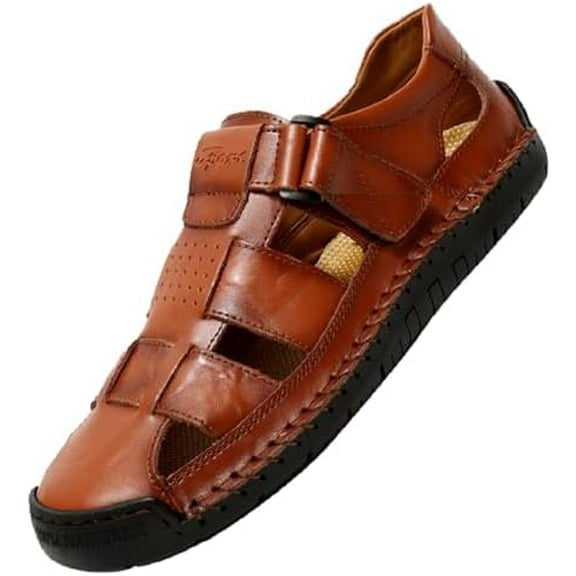 Men's Leather Hollow Out Hook Loop Flat Fisherman Sandals Closed Toe Head Soft Bottom Hand Stitching Wading Sandals Summer Comfort Anti-Slip Casual Wading Beach Sandals
