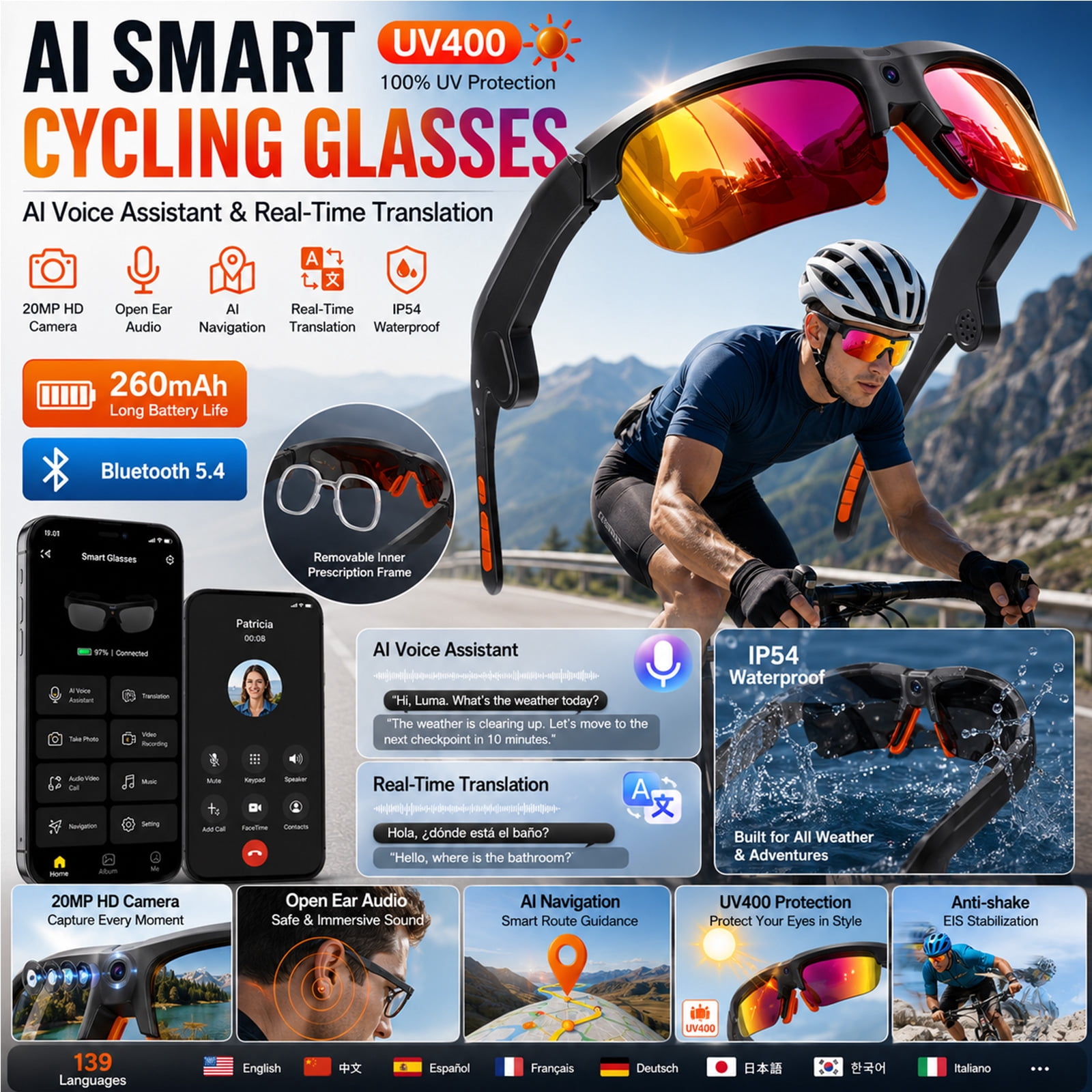 AI Smart Sports Glasses – 20MP Camera, EIS Video, Open-Ear Audio, Real-Time Translation, Photochromic UV400 Lenses for Cycling & Hiking, Purple