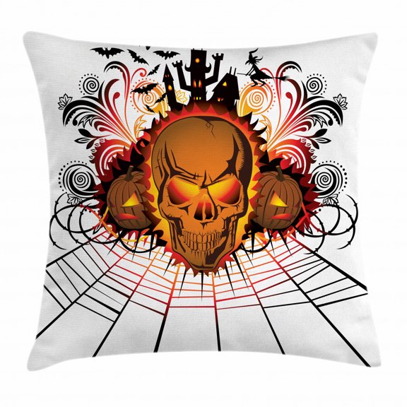 Halloween Decorations Throw Pillow Cushion Cover, Angry Skull Face on Bonfire Spirits of Other World Concept Bats Spider Web, Decorative Square Accent Pillow Case, 16 X 16 Inches, Multi, by Ambesonne