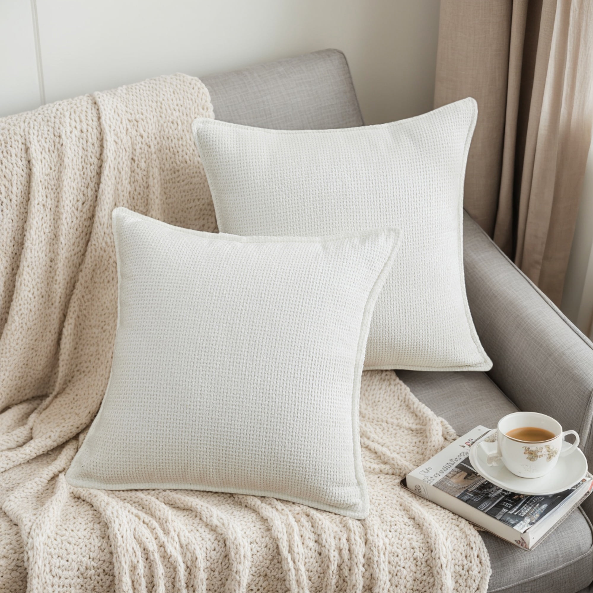 Unique Bargains Solid Chenille Decorative Throw Pillow Covers Pack of 2 White 18" x 18"