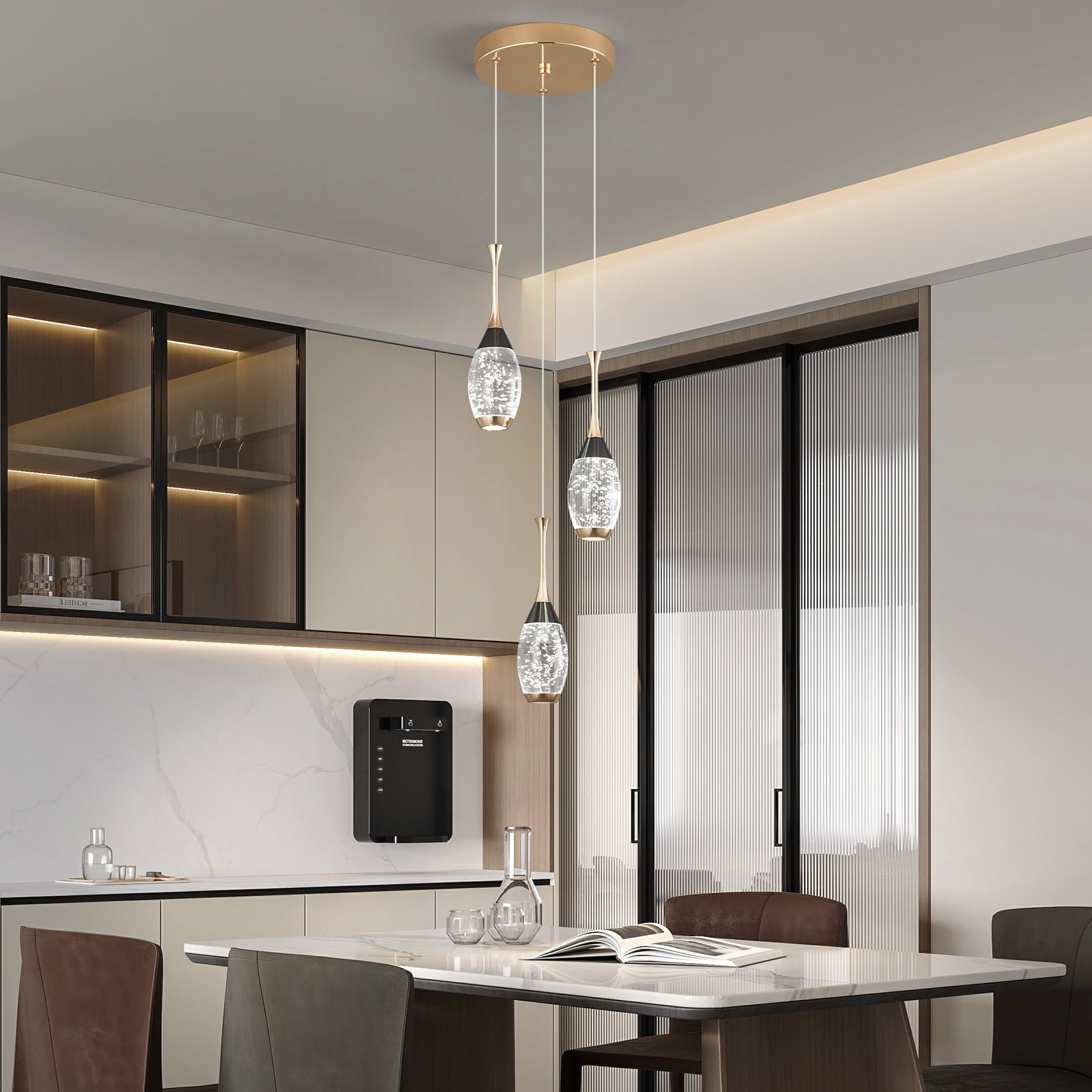 Modern Crystal Pendant Light Teardrop LED Ceiling Light Fixtures Black Gold Dimmable Pendant Lighting for Bedroom Dining Room Kitchen Island（3 Light）