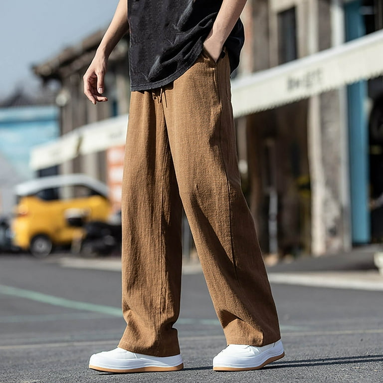 Mens Pants Linen Straight Leg Pants Spring/Summer New Men'S Wide Leg Pants  Solid Color Trend Long Pants Men'S Casual Pants 