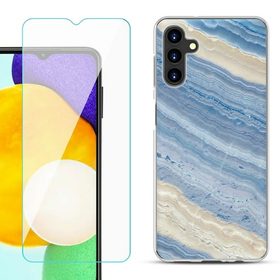 Slim-Fit TPU Fashion Phone Case for Samsung Galaxy A13 5G, with Tempered Glass Screen Protector, by OneToughShield ® - Marble/ Marina Blue