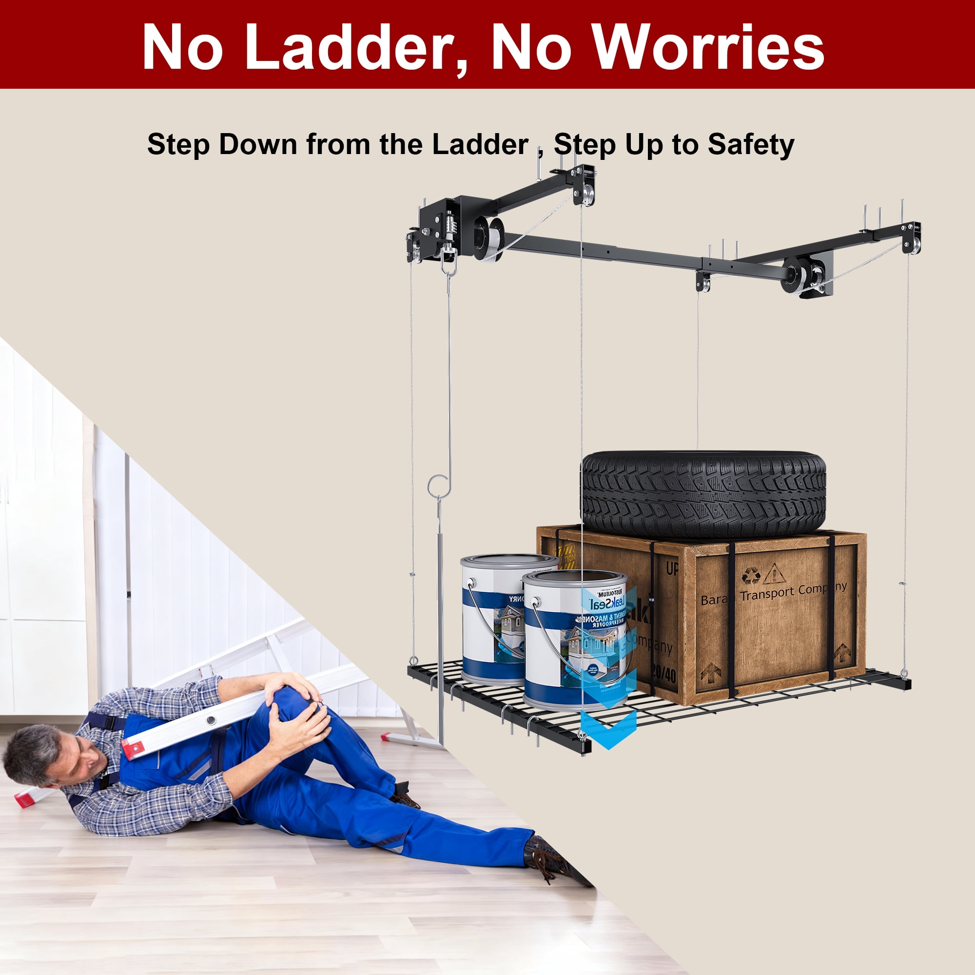 Aukfa 4x4 ft Ceiling Mounted Garage Storage Rack with Crank-Down System, 250 lbs Heavy Duty Overhead Storage Lift for Tires & Tools, Black