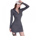 thumbnail image 1 of Spring Women Fashion Solid Color Stand Neck Sexy Tight Leg Loops Long-sleeved Dress, 1 of 7