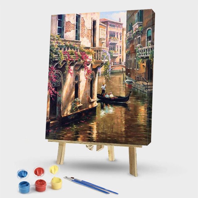 Cuadros Decorativos Lienzo dibujo pintado a mano pintura al óleo DIY por números Kit río de la ciudad Tmvgtek embutido en tela