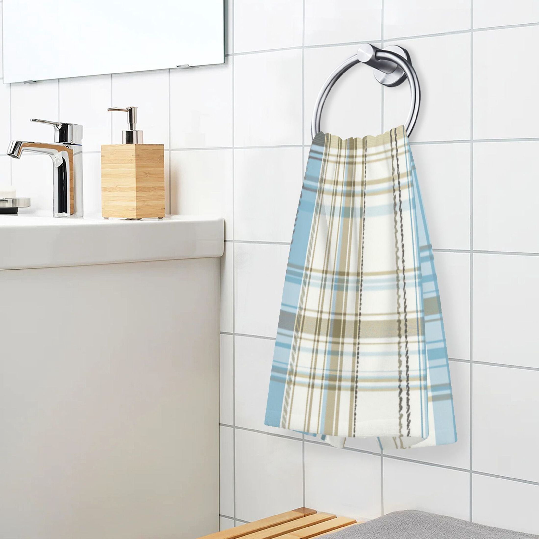 2 Pcs Absorbent Face Towel Bath Hand Towels Soft Breathable Cotton Towel Set for Bathroom Kitchen Hotel Spa Decor Light Blue and Brown Tartan