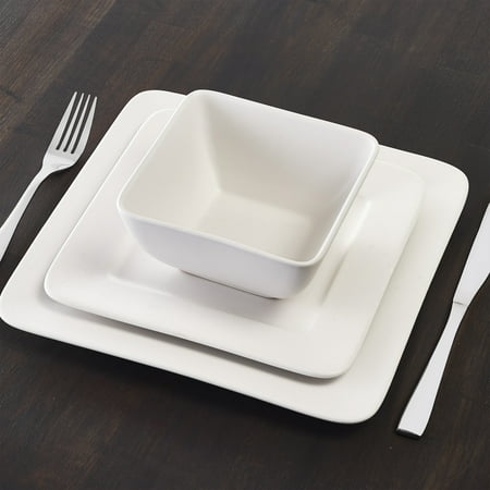 Placemate Gourmet Collection 12-Piece Square Stoneware Dinner Set, White