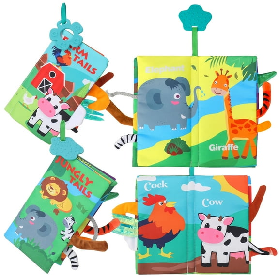sixwipe 2 Pack Soft Cloth Baby Books for 0-6 Months, Crinkle Touch & Feel Sensory Book with Teething Ring, Jungle & Farm Animal Tails Theme Baby Toys 3-6 Months | Newborn Gift for Baby Shower