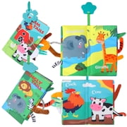 sixwipe 2 Pack Soft Cloth Baby Books for 0-6 Months, Crinkle Touch & Feel Sensory Book with Teething Ring, Jungle & Farm Animal Tails Theme Baby Toys 3-6 Months | Newborn Gift for Baby Shower