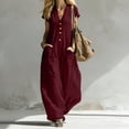 thumbnail image 2 of hoksml Women's V-Neck Short Sleeve Jumpsuit, Casual Button Front Wide Leg Overalls with Pockets, 2 of 7
