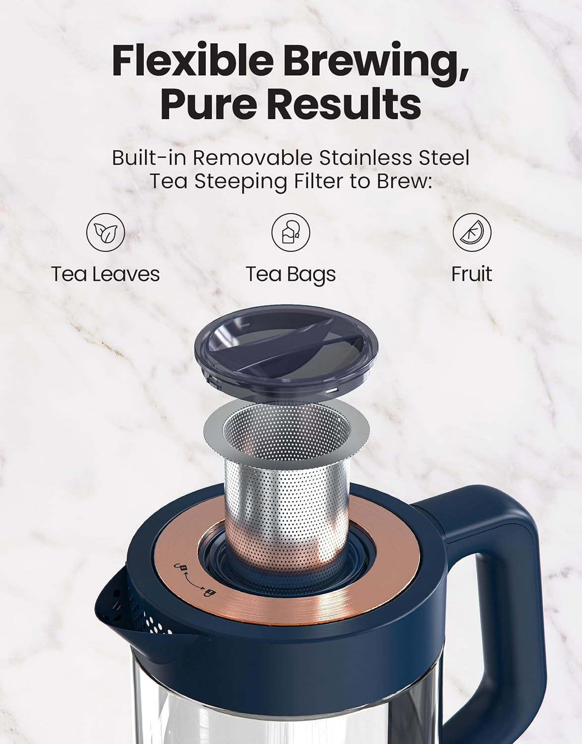 Electric Kettle With Infuser. No Plastic In Contact With Water. Hot Tea Maker With Temperature Control And Automatic Shut Off. 1.5 Liters Capacity | Midnight Blue Color