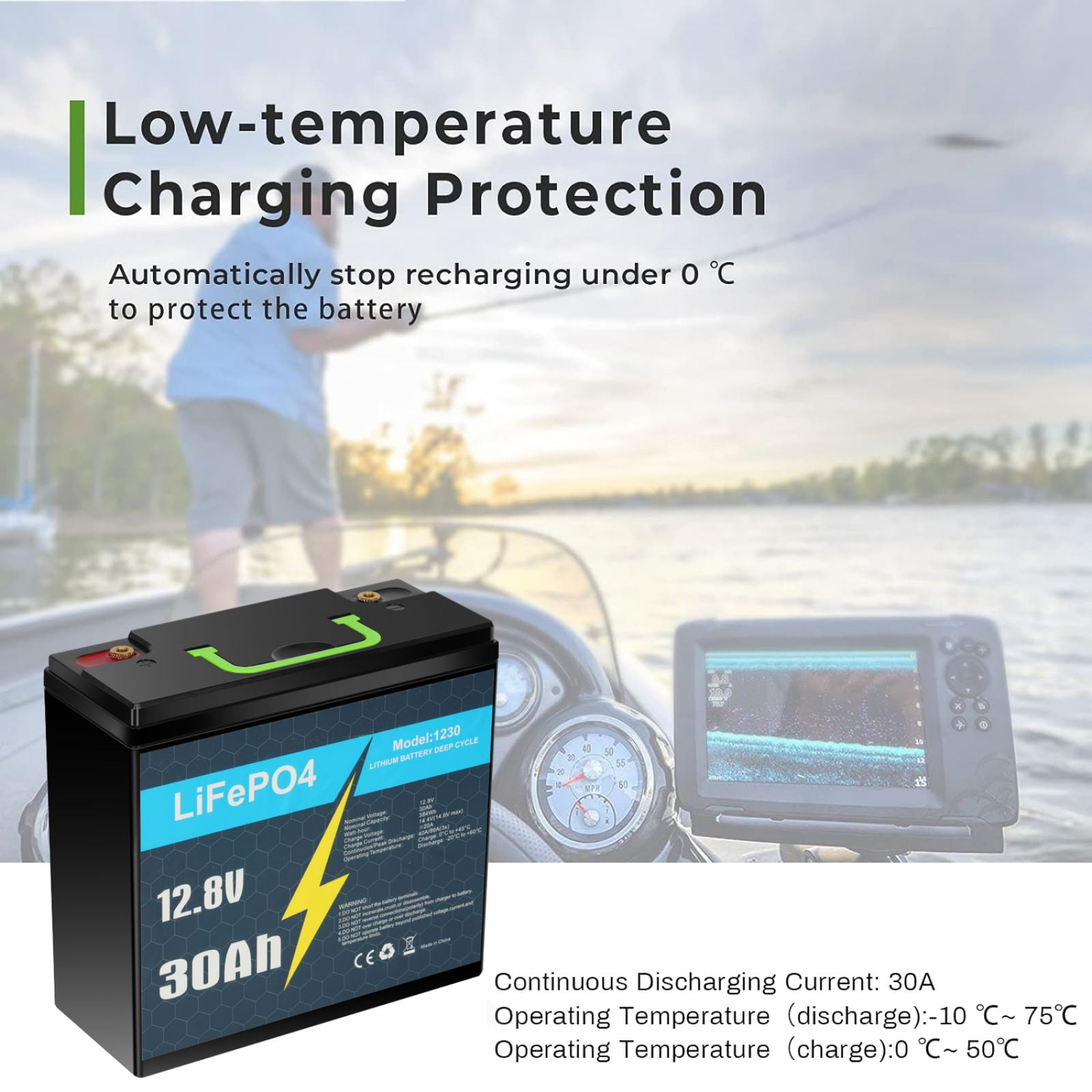 12V 30Ah LiFePO4 Lithium Battery with Smart BMS for Solar, Trolling Motor
