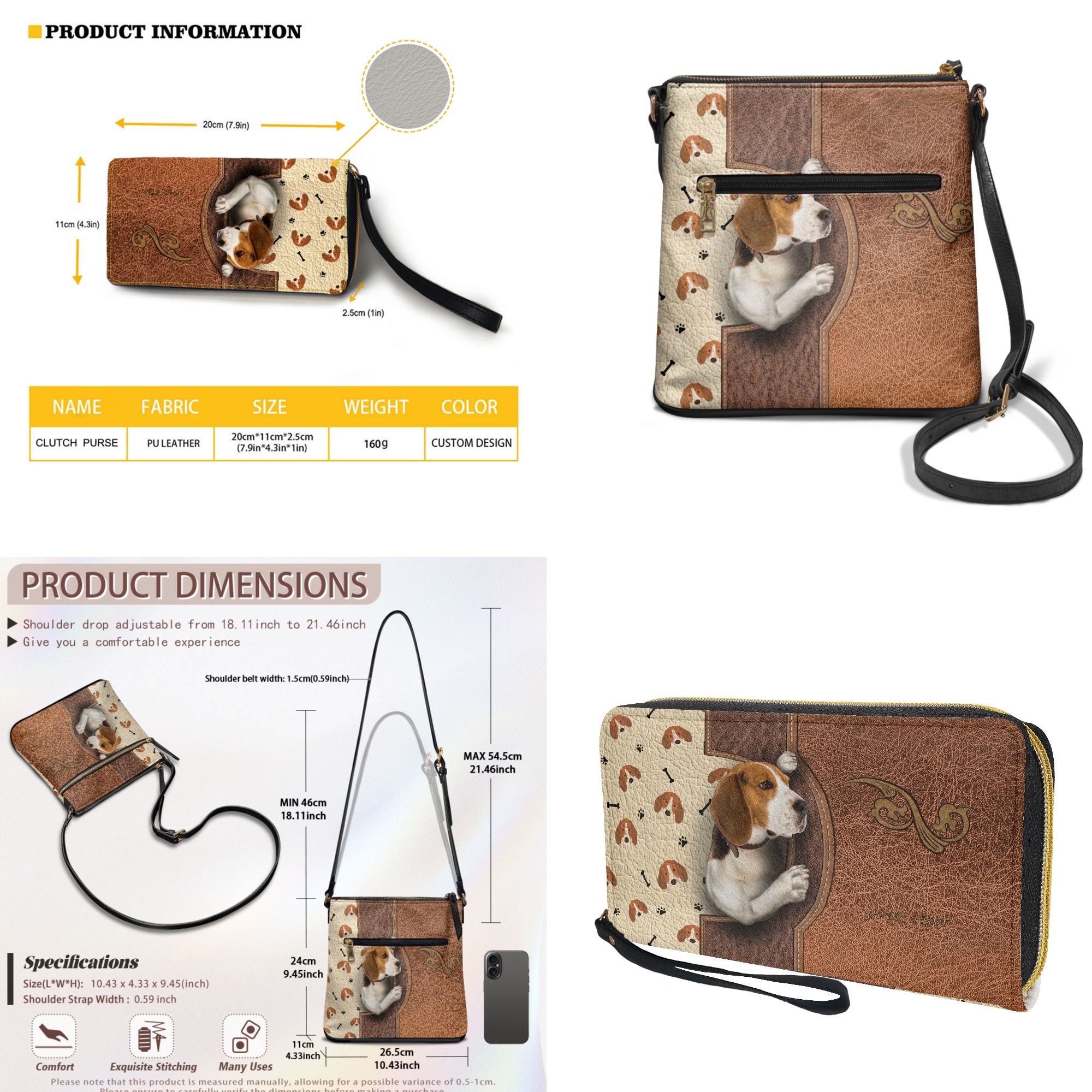 ZUXONGSY Beagle Dog Print Crossbody Hobo Purse and Wallet Set for Women PU Leather Satchel Bag Multi Pockets Messenger Purse Shoulder Handbag with Adjustable Strap
