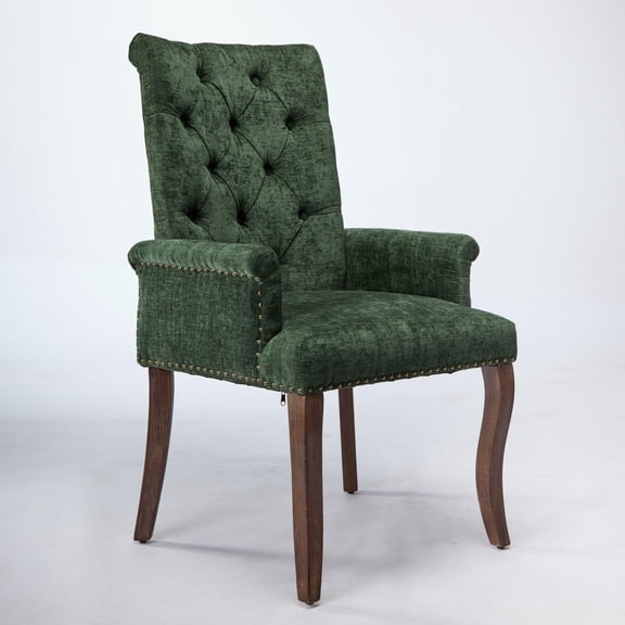 Lovableguy Mid Century Chenille Dining Chairs,Upholstered Tufted Kitchen Side Chairs with Armrests and Solid Wood Frame & Legs,for Dining, Kitchen & Living Room,Olive green