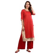 Round Neck Embellished Kurta Set - T-Red-Large