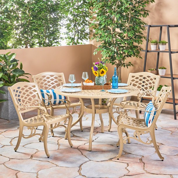 Pittman Outdoor 5 Piece Cast Aluminum Round Dining Set, Sand Walmart