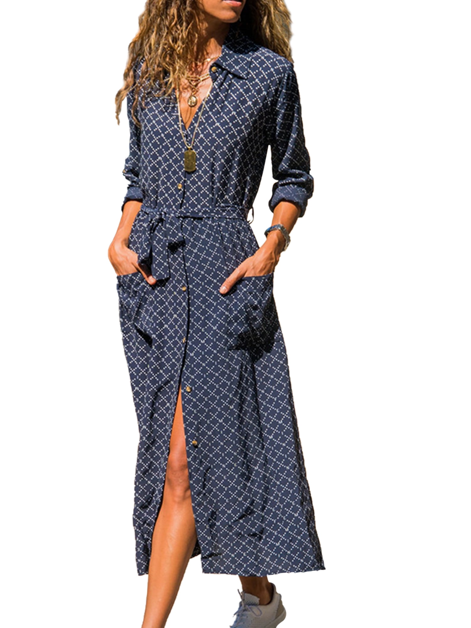 Womens Casual Sleeveless Striped Dress V Neck Button Down Pocket Loose Shirt Midi Dress with Belt Maxi Dresses Tops Dresses Sundress 