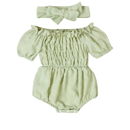 

Kids Girls Bodysuit Leisure Solid Color Cute Short Sleeve Off Shoulder Ruffle Trim Lace Outwear With Headbands Outdoor Sports Play Wear Soft Jumpsuits