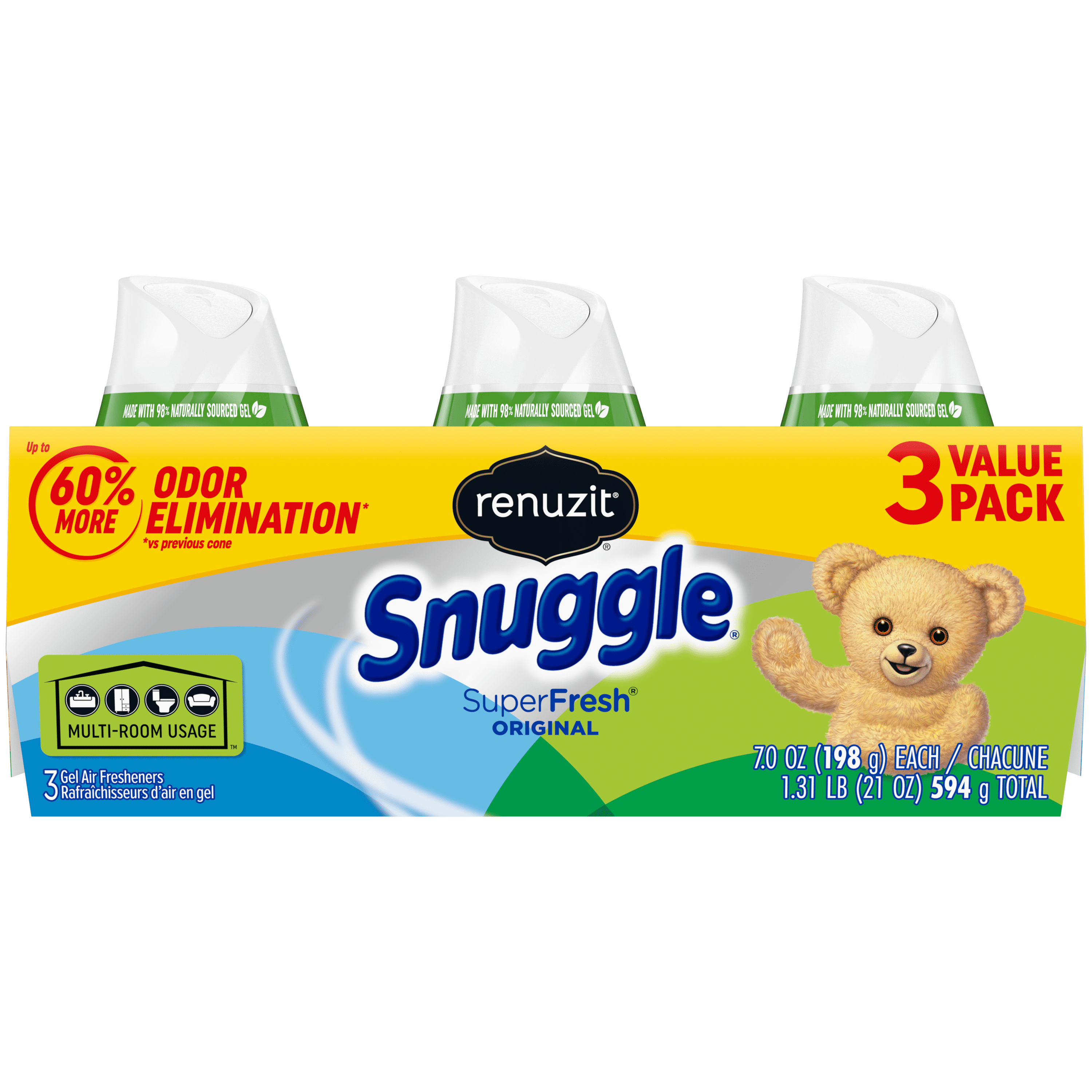 Renuzit Snuggle Adjustable Gel Air Freshener Cones, SuperFresh Original Scent, Odor Elimination, 3 Cones