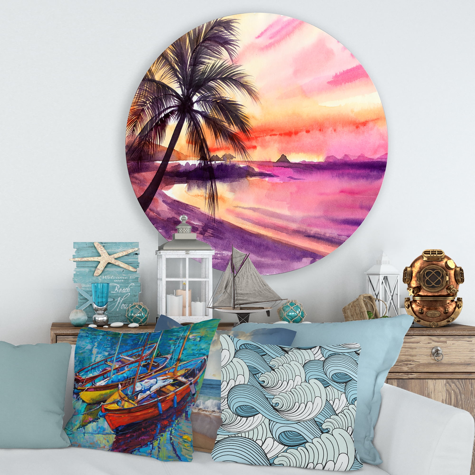 Designart 'Purple and Pink Palm Beach Sunset' Nautical & Coastal Circle Metal Wall Art 36x36 - Disc of 36