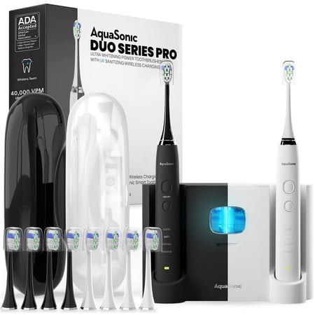 AquaSonic DUO PRO Set - 2 Electric Toothbrushes, 10 ProFlex Brush Heads, Double Charging Unit, 2 Travel Cases - Black/White
