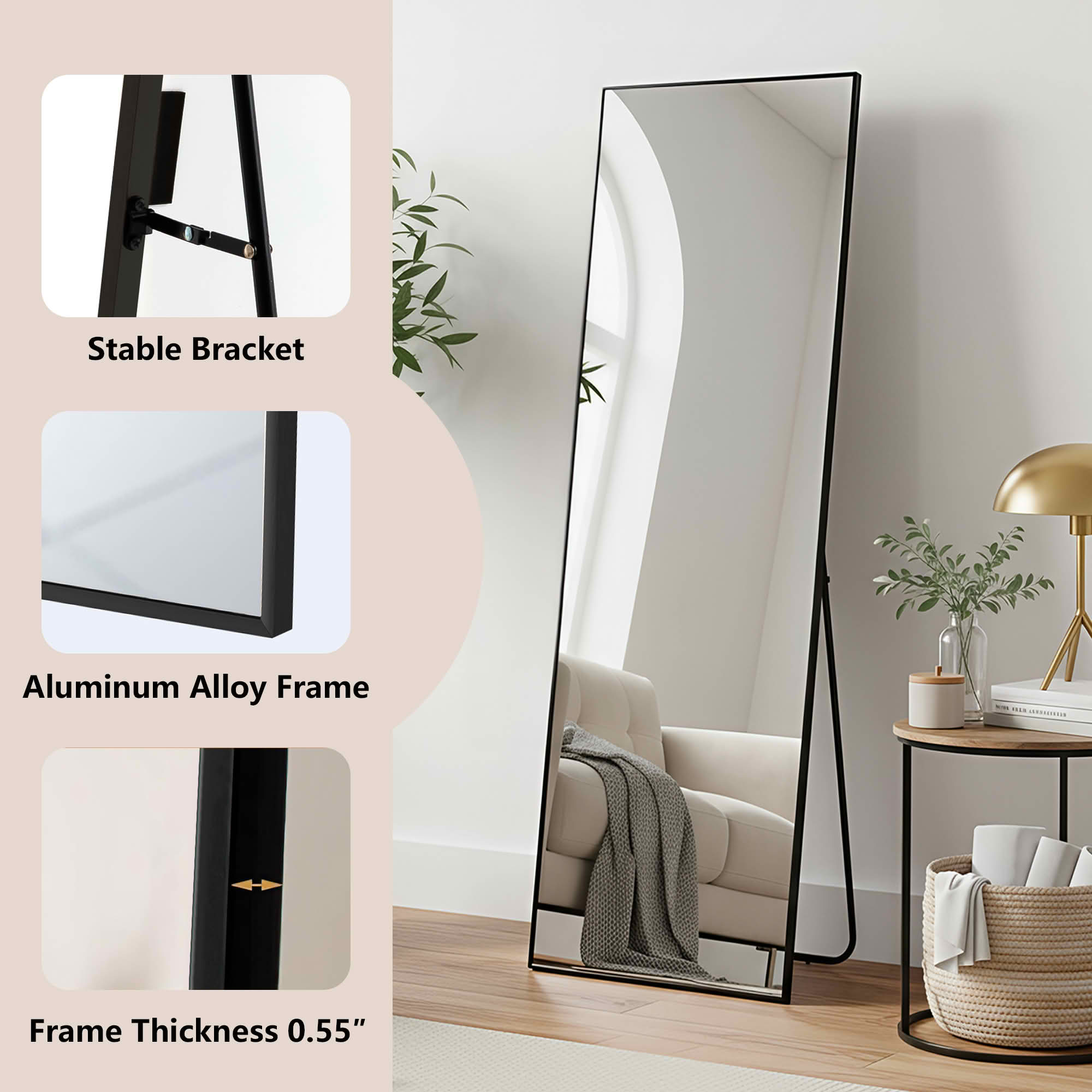 MAYEERTY 56x18in Aluminum Full-Length Mirror, Right Angle Tempered Glass With Stand, Black
