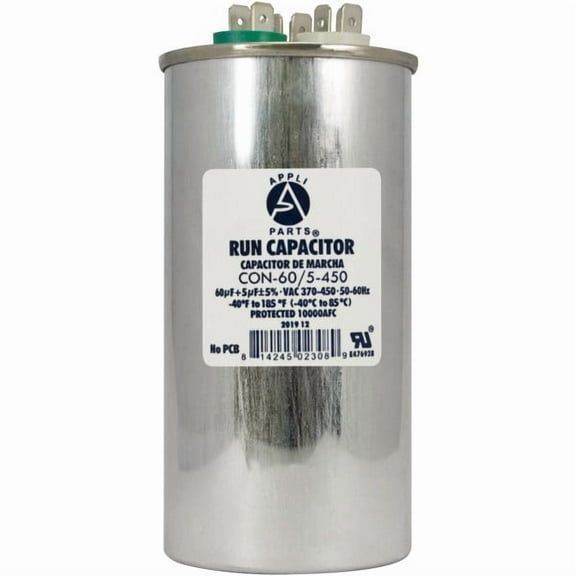 Appli Parts Dual Run Capacitor for ac 60 5 Mfd uF (microfarads) 370VAC or 450VAC CBB65 Round Universal fit for hvac and other applications 5-1/8 in High 2-1/4 in Wide CON-60/5-450