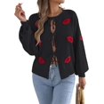 thumbnail image 3 of Women Jacquard Pattern Crew Neck Front Self Tie Cutout Lantern Long Sleeve Loose Knit Sweater, 3 of 9