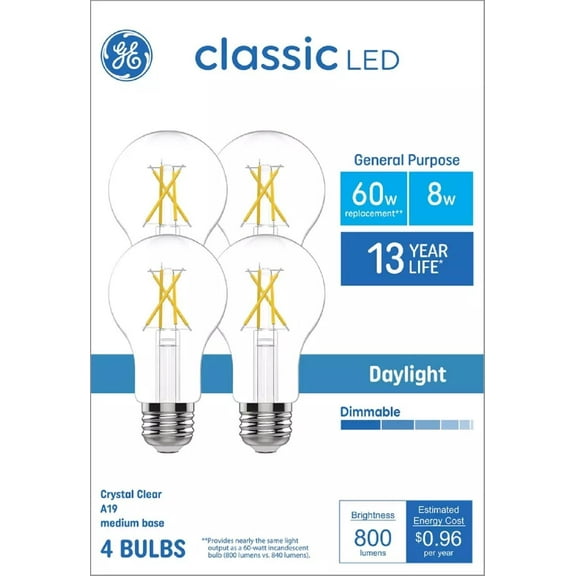 GE Classic A19 LED Light Bulbs, General Purpose Bulbs, 60 Watt Replacement, Daylight (4 Pack)