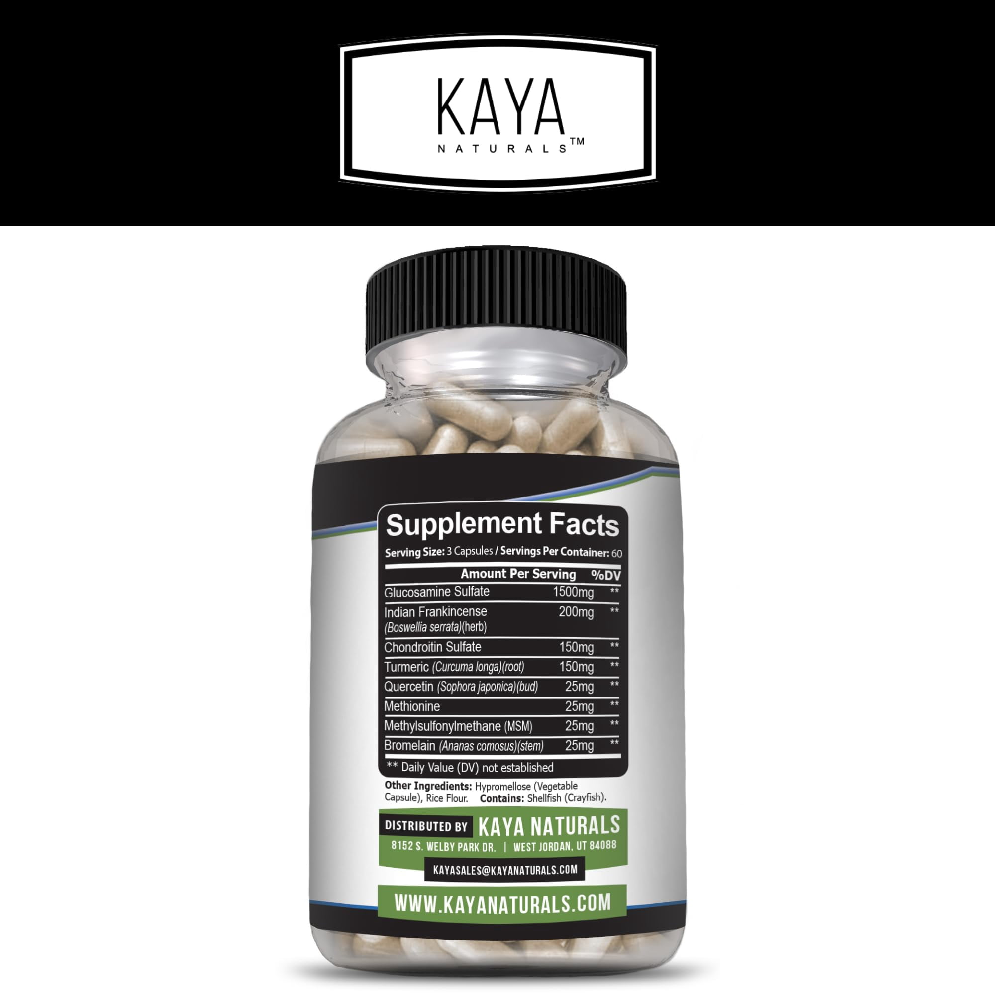 Kaya Naturals Flex Aid - Mobility Support KMC2Supplement for and Women - Turmeric Capsules with Glucosamine Sulfate, Boswellia Serrata and MSM - for Knee Support and Mobility Health - 180 Count