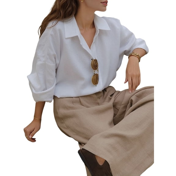 Women's Oversized Collared Drop Shoulder Long Sleeve Button Down Shirt White S