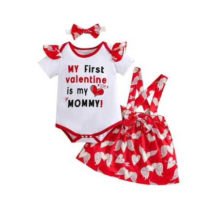 

MERSARIPHY Baby Valentine s Day Romper + Suspender Skirt + Bow Headband Clothing