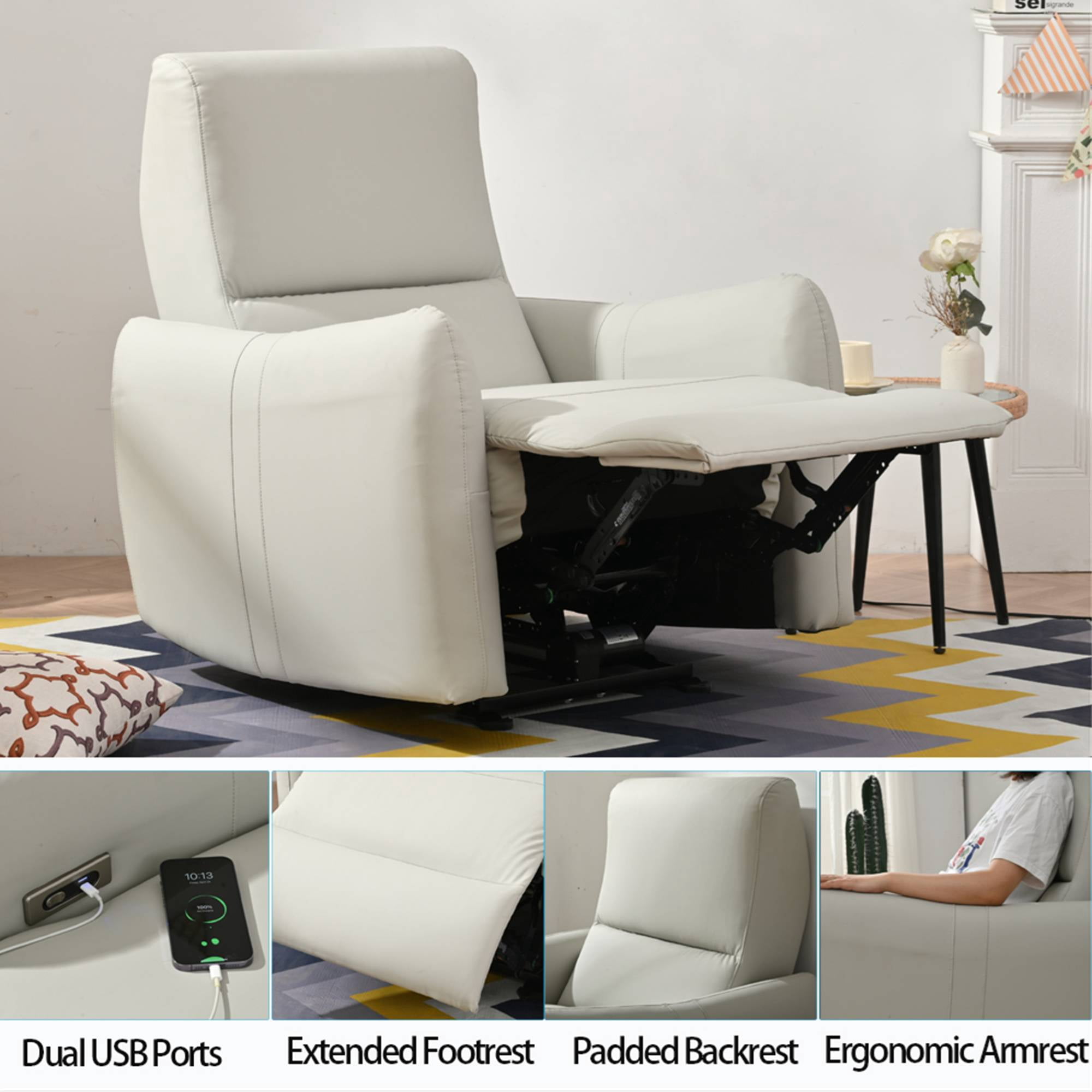 Power Recliner Chairs, Zero Wall Recliners for Adults, Small Leather Recliner Home Theater with Type-C Charger for Living Room, Light Grey