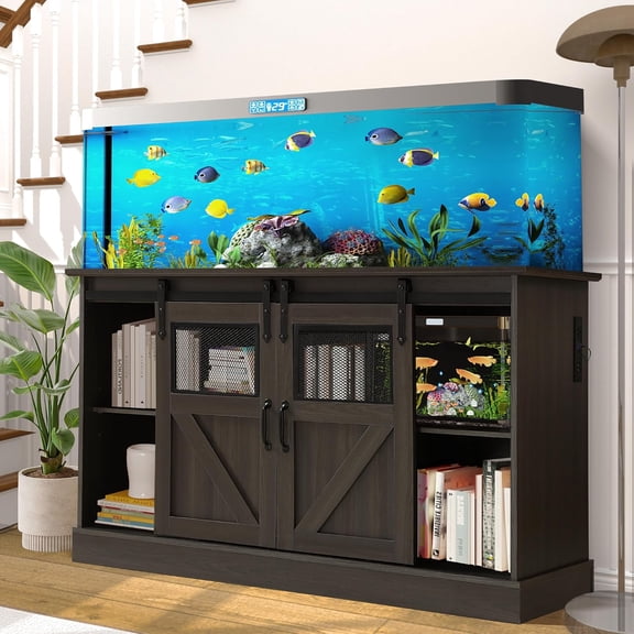 55-75 Gallon Fish Tank Stand, Heavy Duty Aquarium Stand, 1300LBS | Reptile Terrarium Stand with Power Outlet, Sliding Barn Doors, Cabinet Storage for Fish Tank, Turtle Tank Accessories, Grey