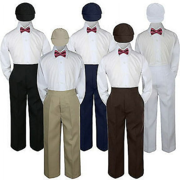 4pc Boy Suit Set Burgundy Maroon Bow Tie Baby Toddler Kid Formal Hat Pants S-7