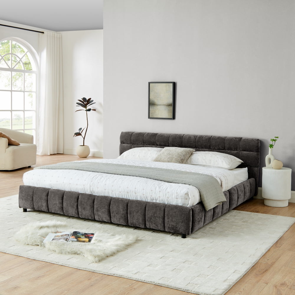 Hassch King Size Storage Bed with 4 Drawers, Chenille Fabric Upholstered Platform Bed Frame with Wood Slats Support, No Box Spring Needed, Dark Gray