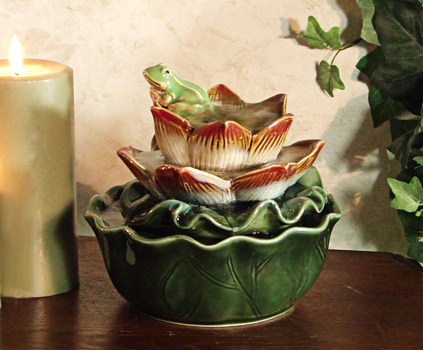Ceramic Frog on Flower Tabletop Fountain