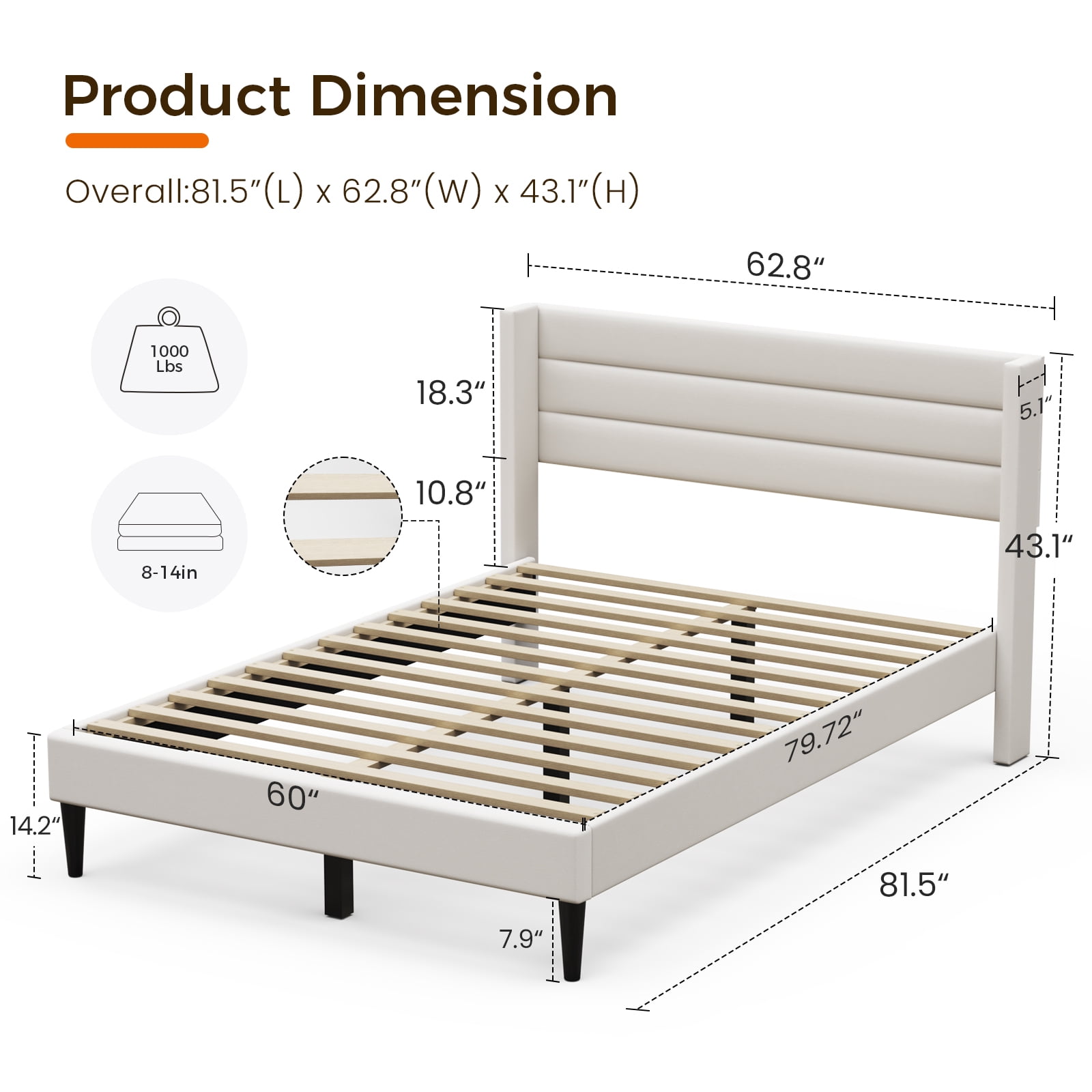 Sofanext Queen Bed Frame with Headboard, Upholstered Platform Bed Frame Queen, Wood Slat Support, No Box Spring Needed, Noise-Free, Cream White