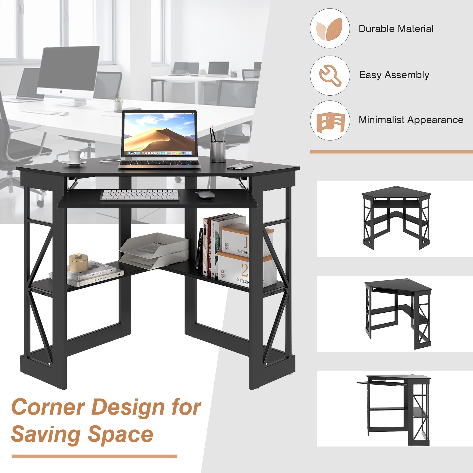 VECELO Corner Computer Desk with Charging Station, 90 Degree Triangle Writing Study Table with Keyboard & Storage Shelves for Small Space, Black