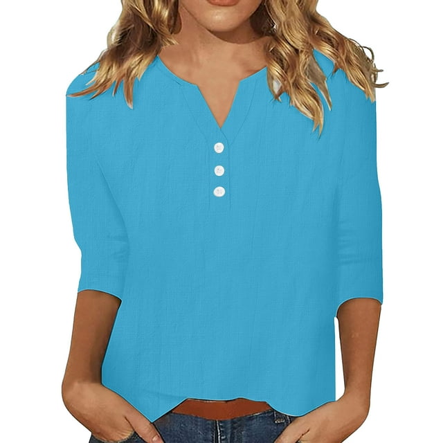 Hauts d'Été pour Femmes Manches 3/4 Col en V Boutons Chemises Couleur Unie Tunique Décontractée Habillée Blouses