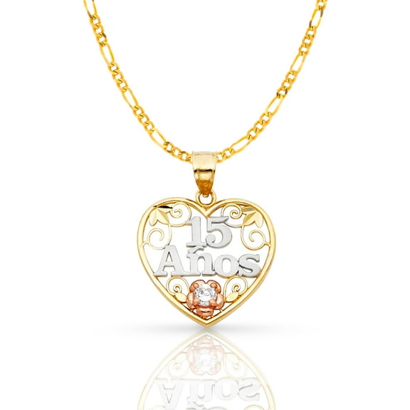 14K Tri Color Gold Sweet 15 Years Quinceanera Heart Charm Pendant with 2.3mm Figaro 3 1 Chain Necklace