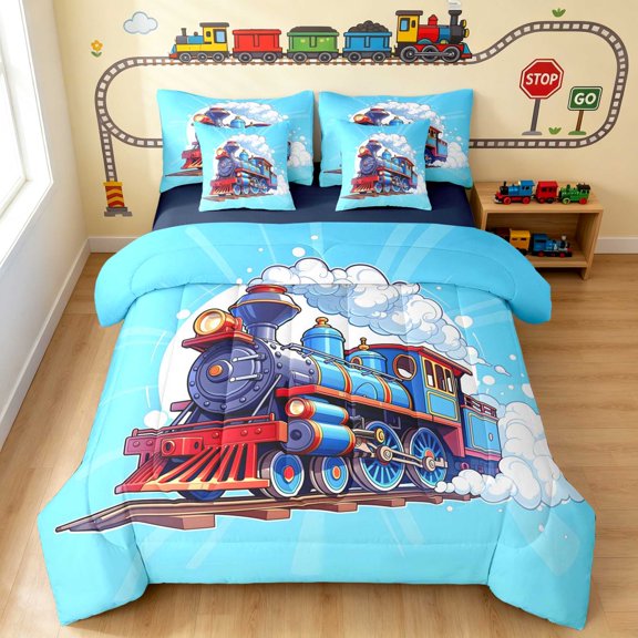 Erosebridal Train Twin Bedding, Steam Engine Bedding Comforter Set, Blue Cartoon, Navy Reversible 7 Pieces