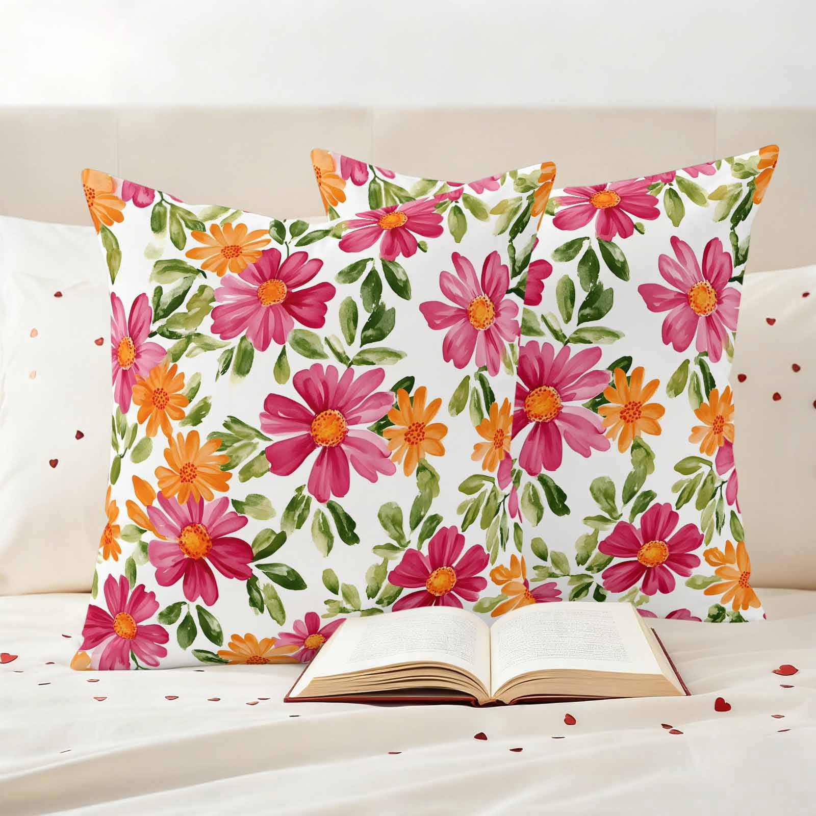 Pack of 2 Outdoor Pillow Covers 26x26 Inch Waterproof Pink Orange Floral Throw Pillow Covers,Decorative Couch Pillow Shams Protectors Spring Blossom Botanical Flowers Patio Pillowcases Cushion Covers